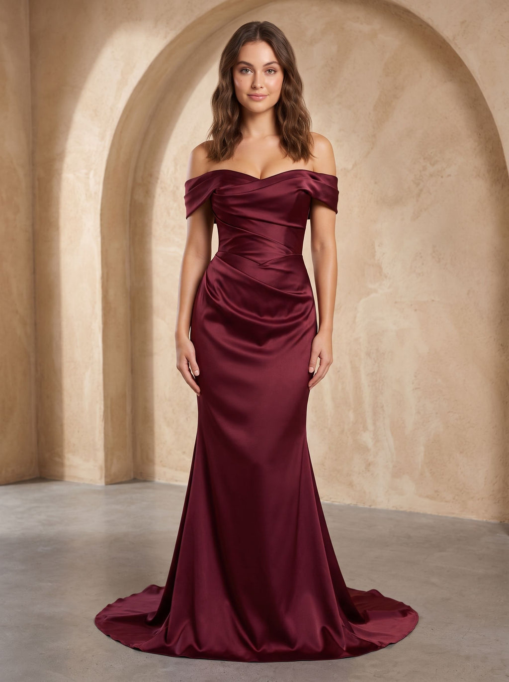 Burgundy Satin Mermaid Off-the-Shoulder Back Zip Floor-Length Dress with Draped Bodice