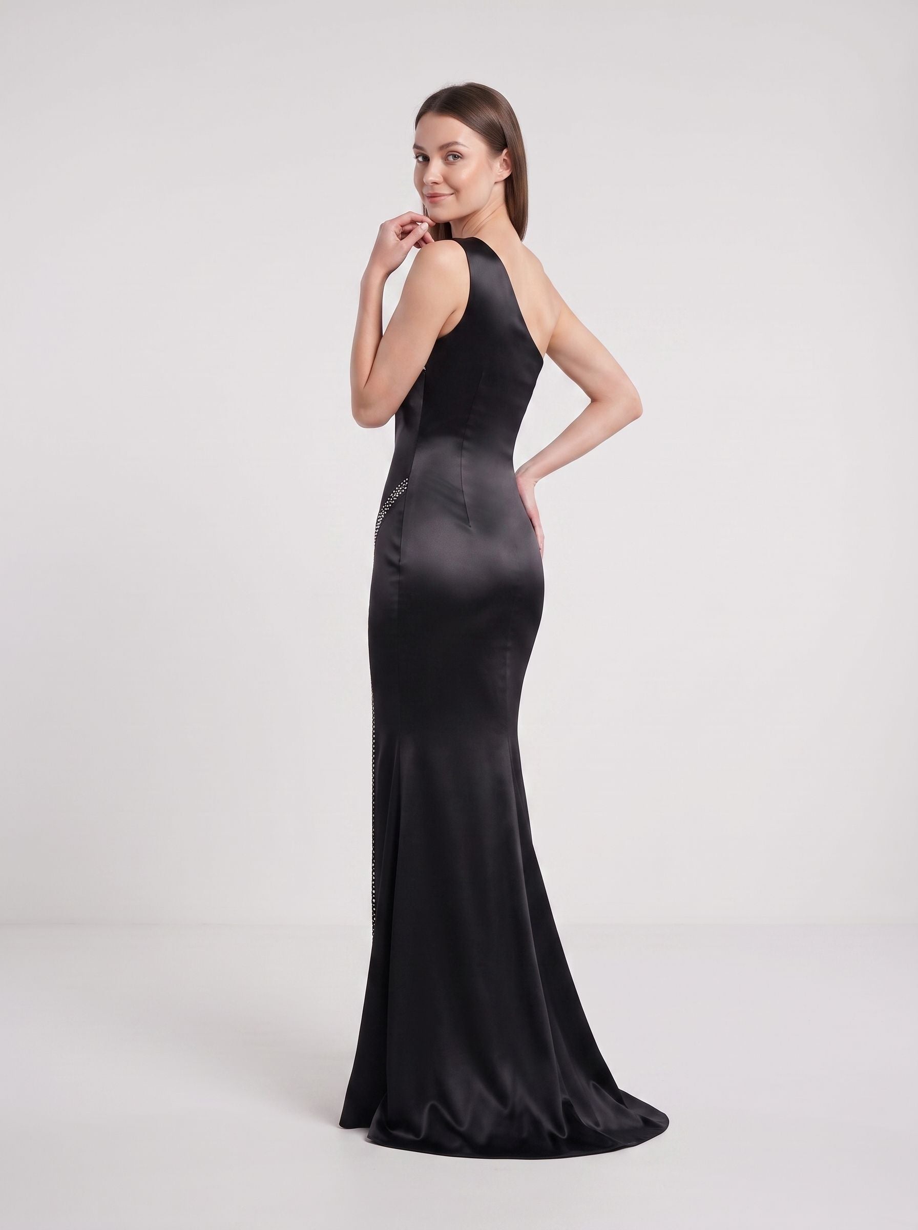 Black Satin Mermaid One Shoulder Side Zip Floor-Length Dress with Pleated Bodice
