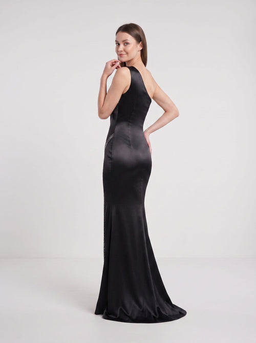 Black Satin Mermaid One Shoulder Side Zip Floor-Length Dress with Pleated Bodice