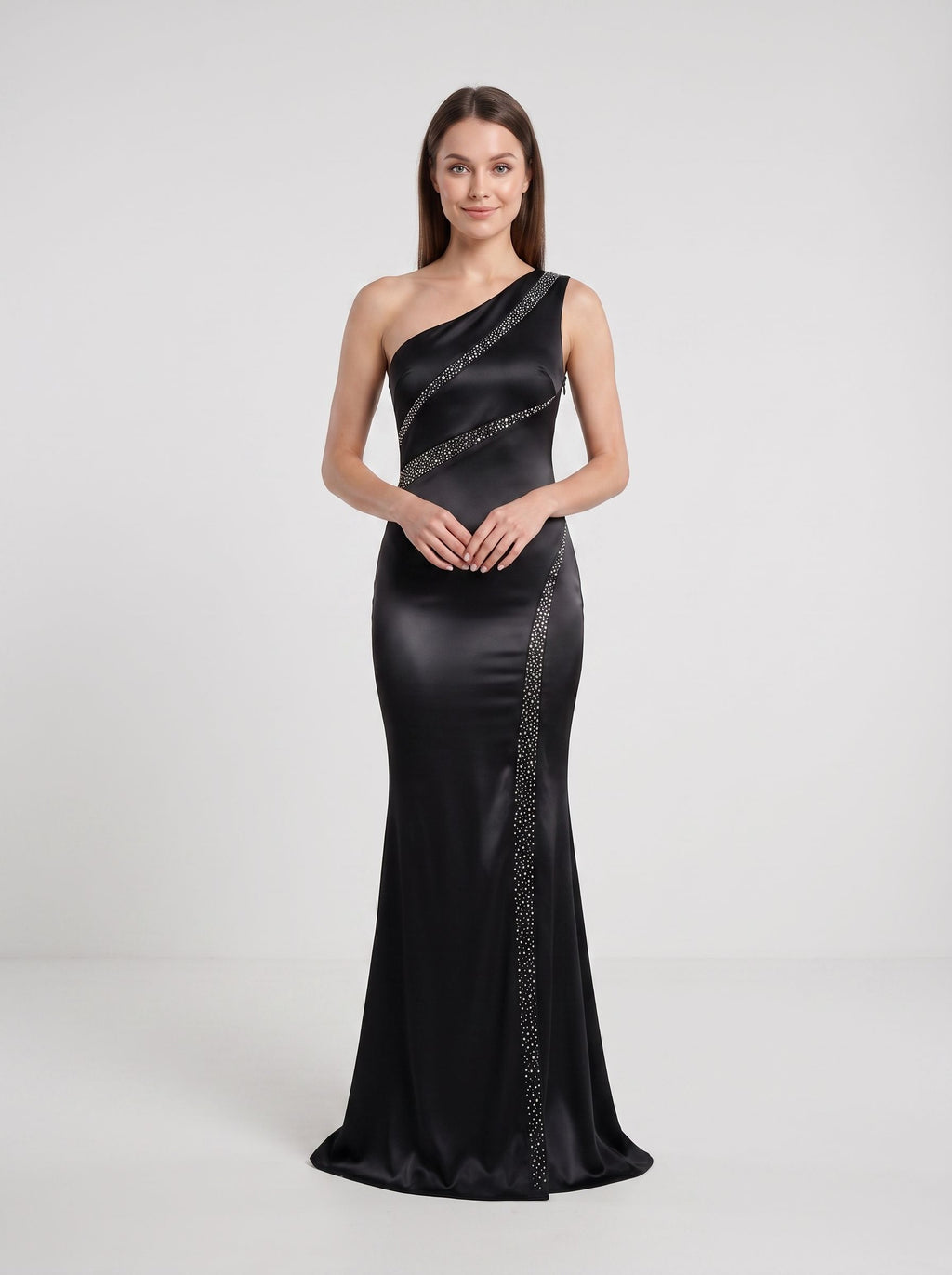 Black Satin Mermaid One Shoulder Side Zip Floor-Length Dress with Pleated Bodice