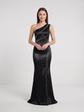 Black Satin Mermaid One Shoulder Side Zip Floor-Length Dress with Pleated Bodice