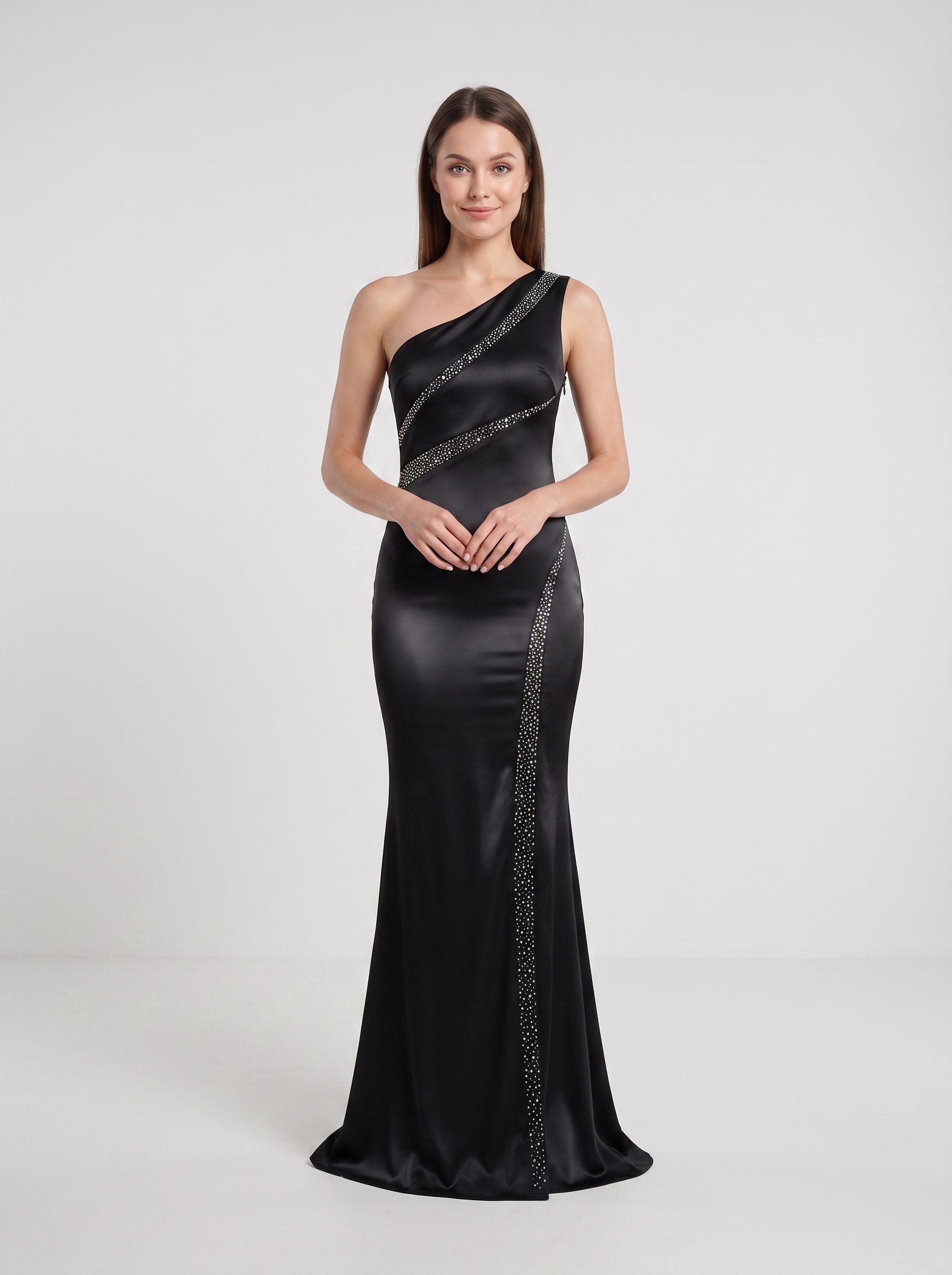 Black Satin Mermaid One Shoulder Side Zip Floor-Length Dress with Pleated Bodice