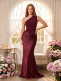 Burgundy Satin Sheath One Shoulder Floor-Length Dress