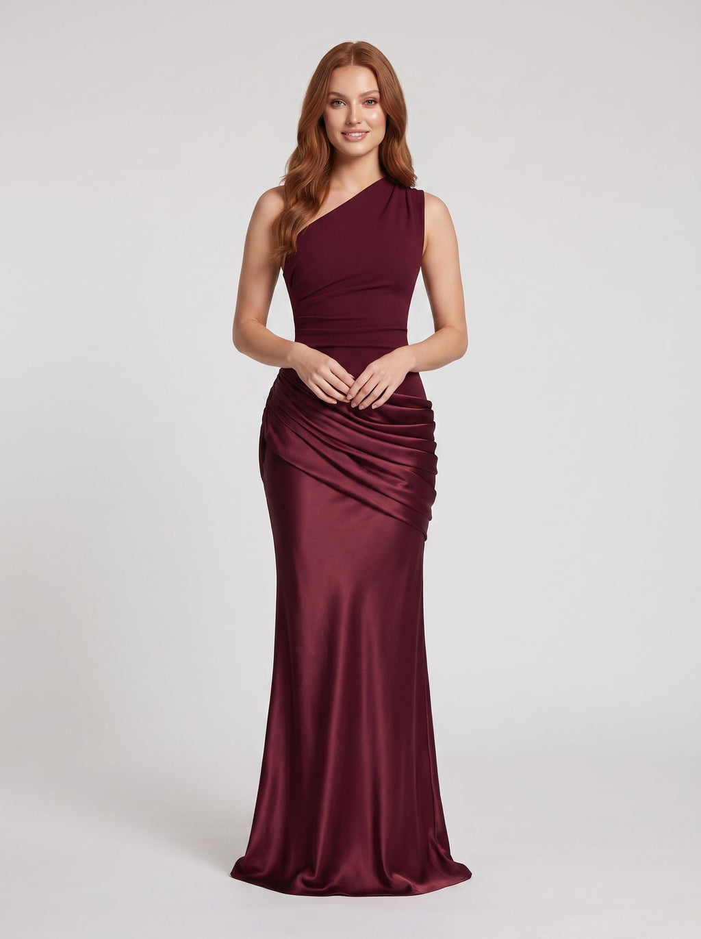 Burgundy Satin Sheath One Shoulder Floor-Length Dress