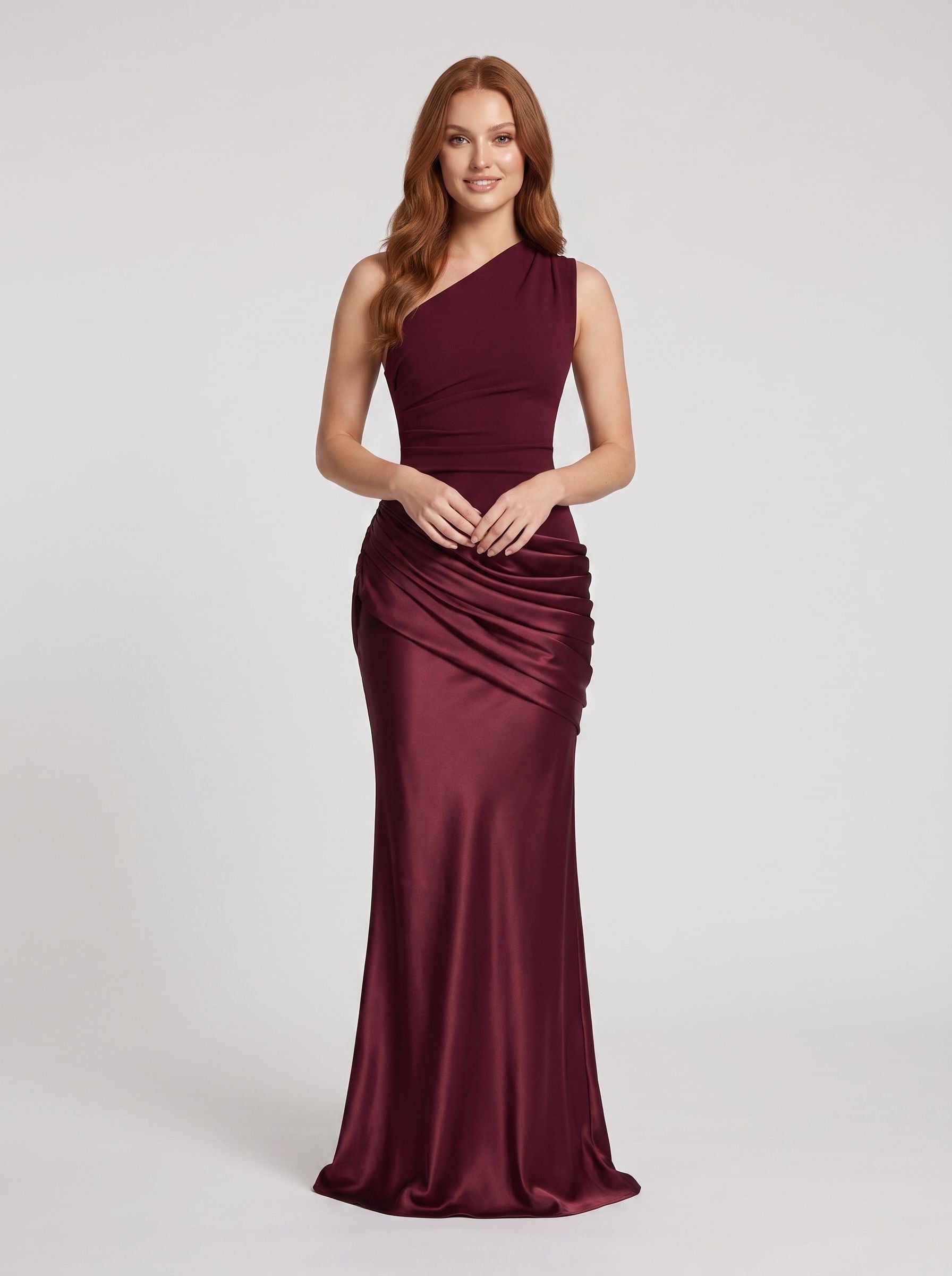 Burgundy Satin Sheath One Shoulder Floor-Length Dress