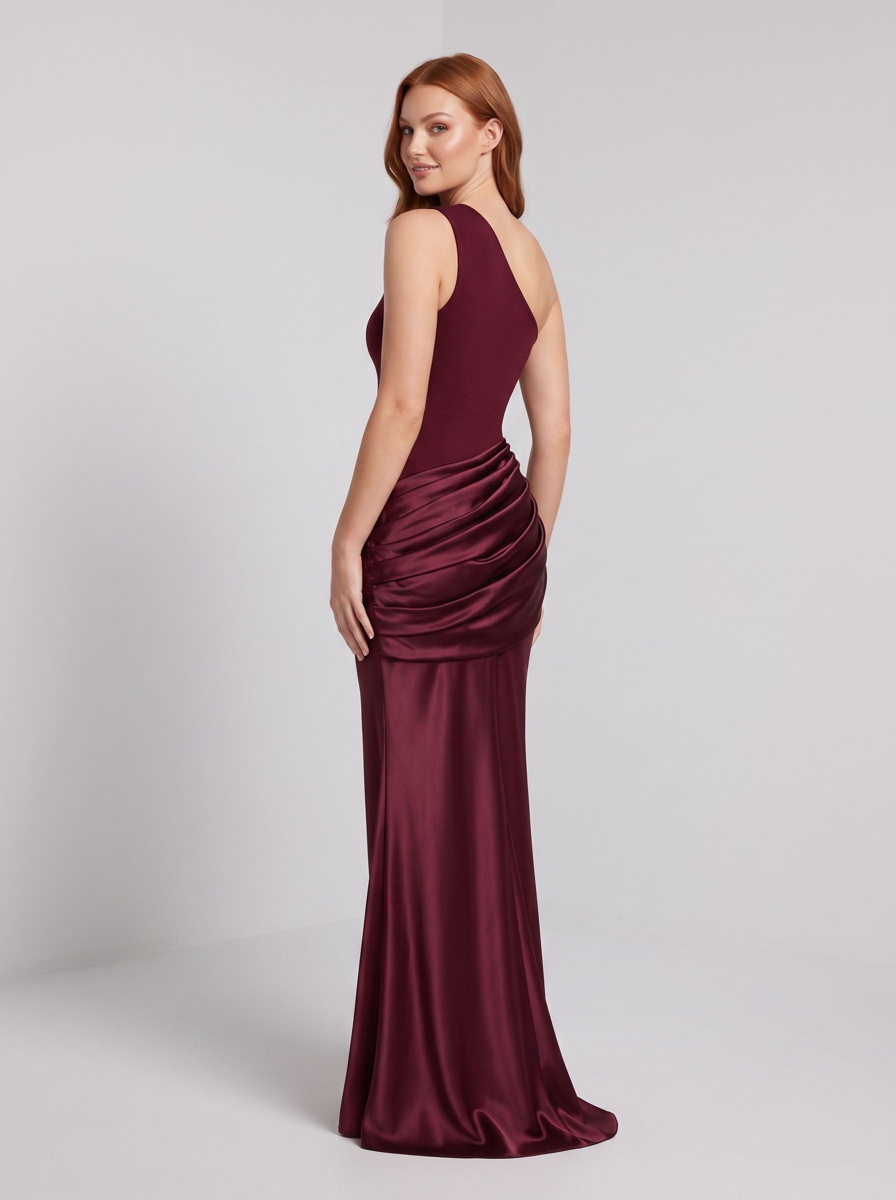 Burgundy Satin Sheath One Shoulder Floor-Length Dress