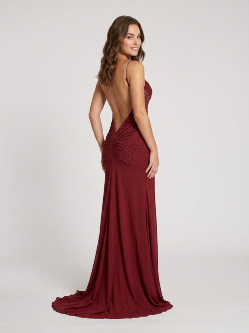 Burgundy Stretch Knit Sheath Cowl Neck Backless Floor-Length Dress with Crystal Beading