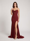 Burgundy Stretch Knit Sheath Cowl Neck Backless Floor-Length Dress with Crystal Beading
