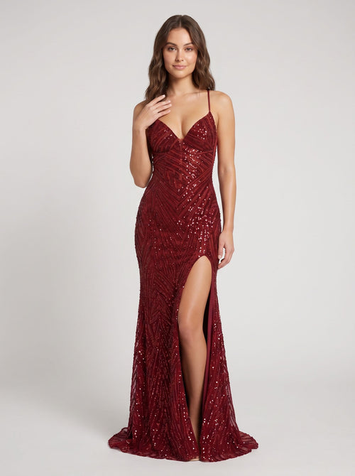 Burgundy Tulle Mermaid V-Neck Lace-up Floor-Length Dress with Beaded Bodice and Side Slit