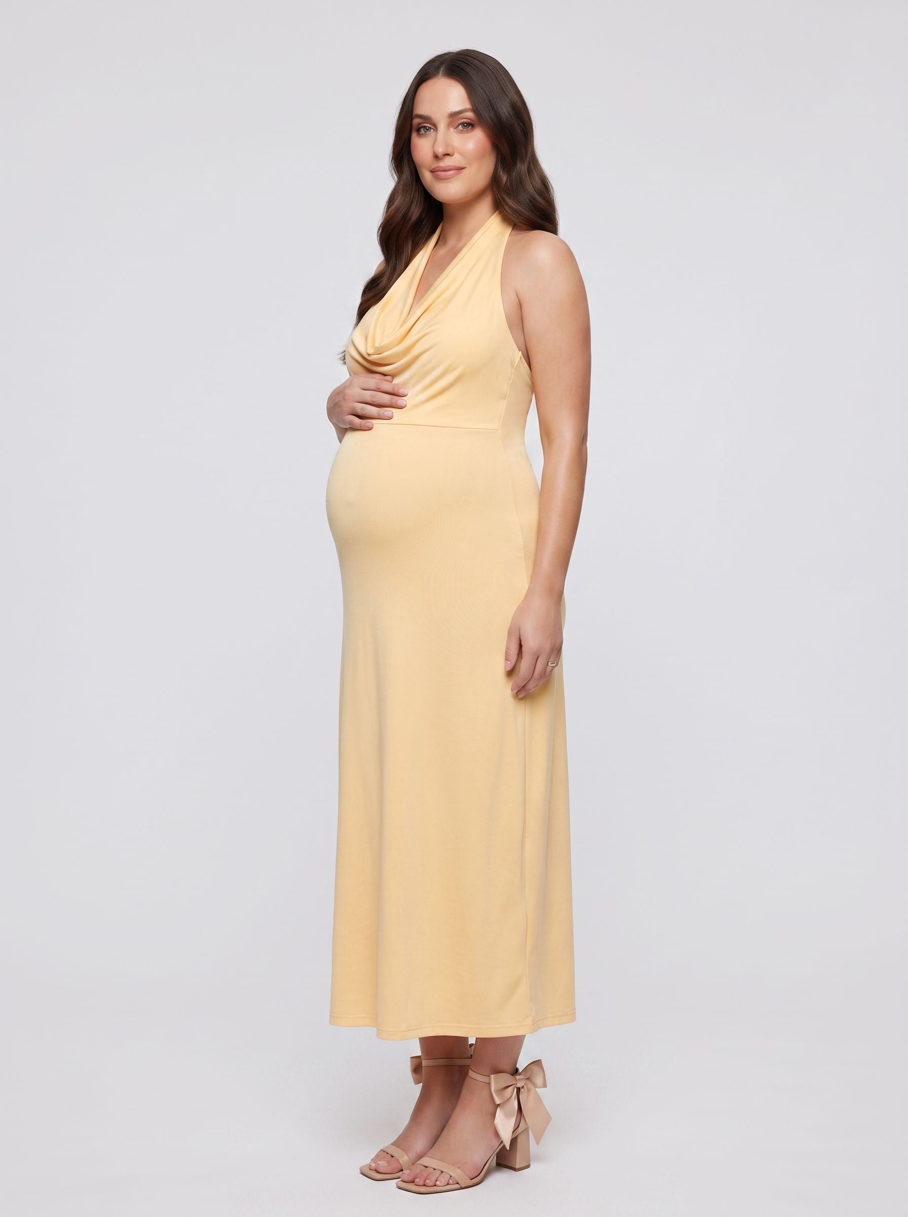 Butter Stretch Knit Empire V-Neck Backless Floor-Length Dress with Pleating