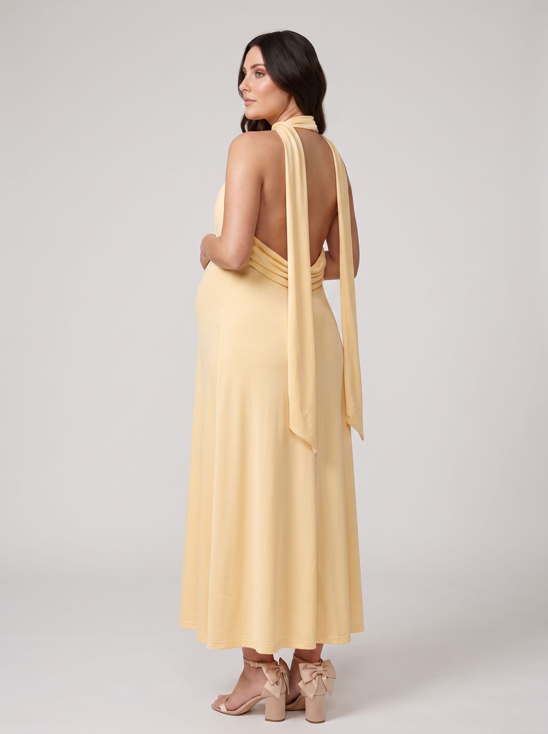 Butter Stretch Knit Empire V-Neck Backless Floor-Length Dress with Pleating