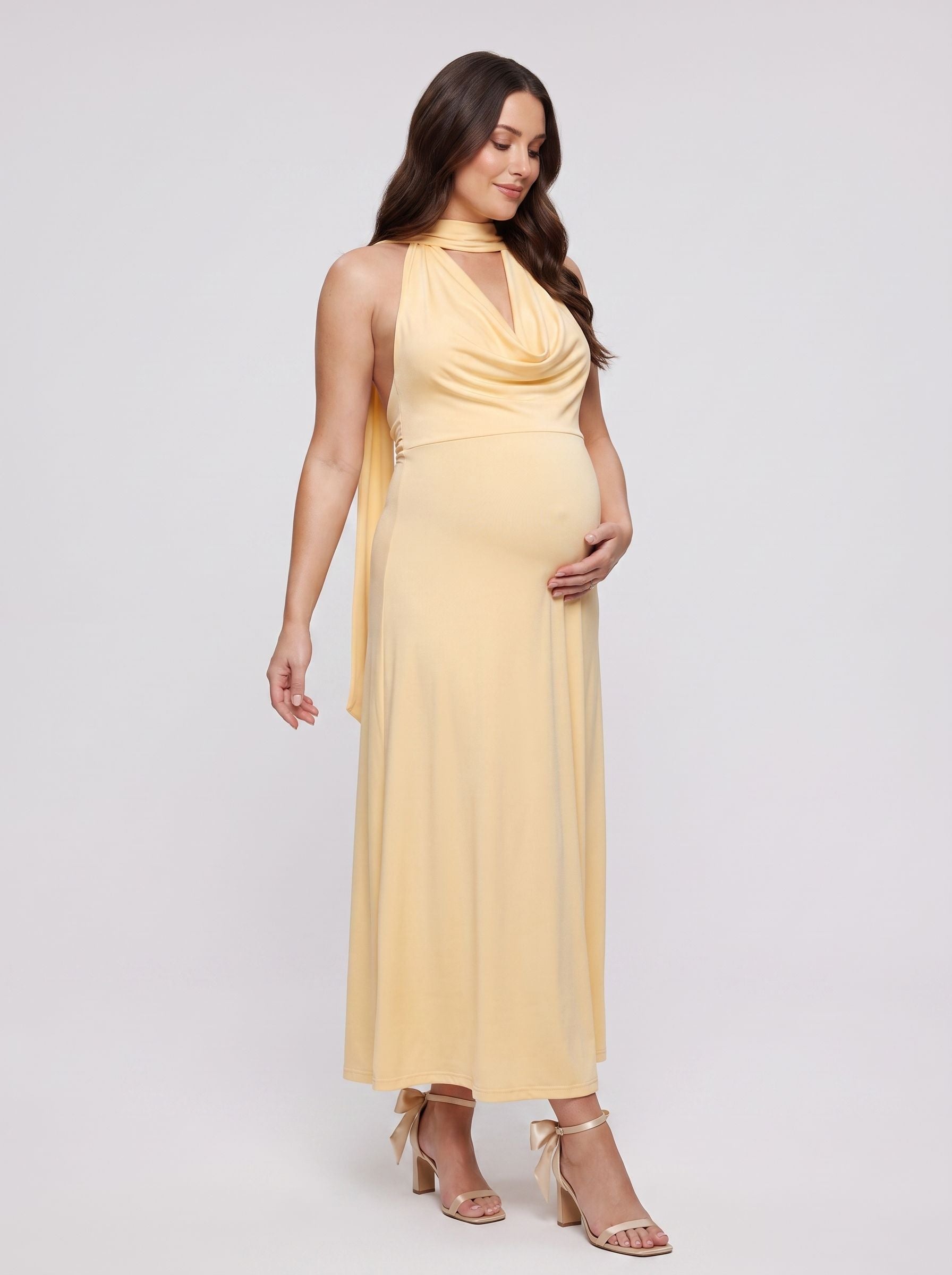 Butter Stretch Knit Empire V-Neck Backless Floor-Length Dress with Pleating