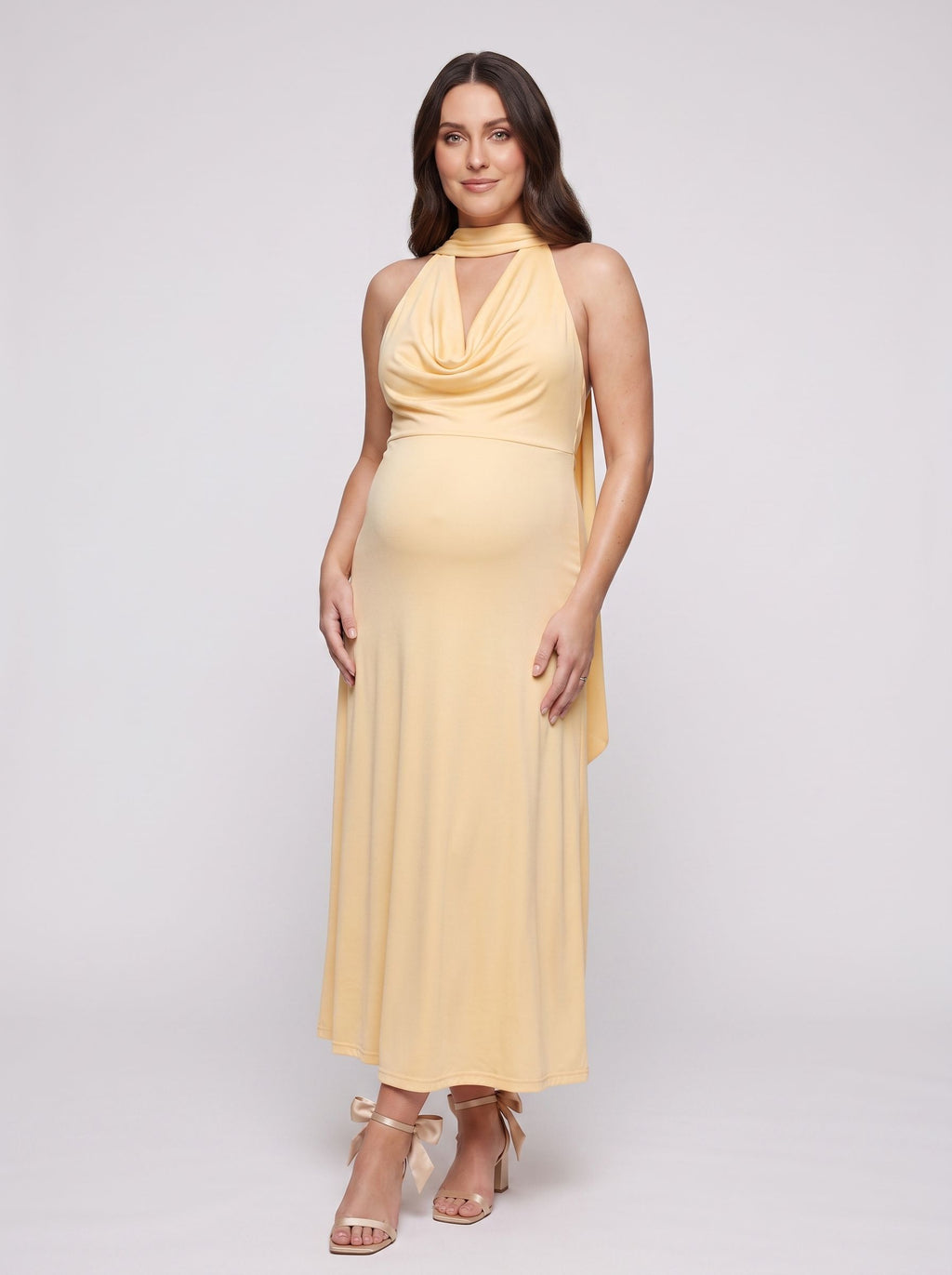 Butter Stretch Knit Empire V-Neck Backless Floor-Length Dress with Pleating