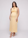 Butter Stretch Knit Empire V-Neck Backless Floor-Length Dress with Pleating