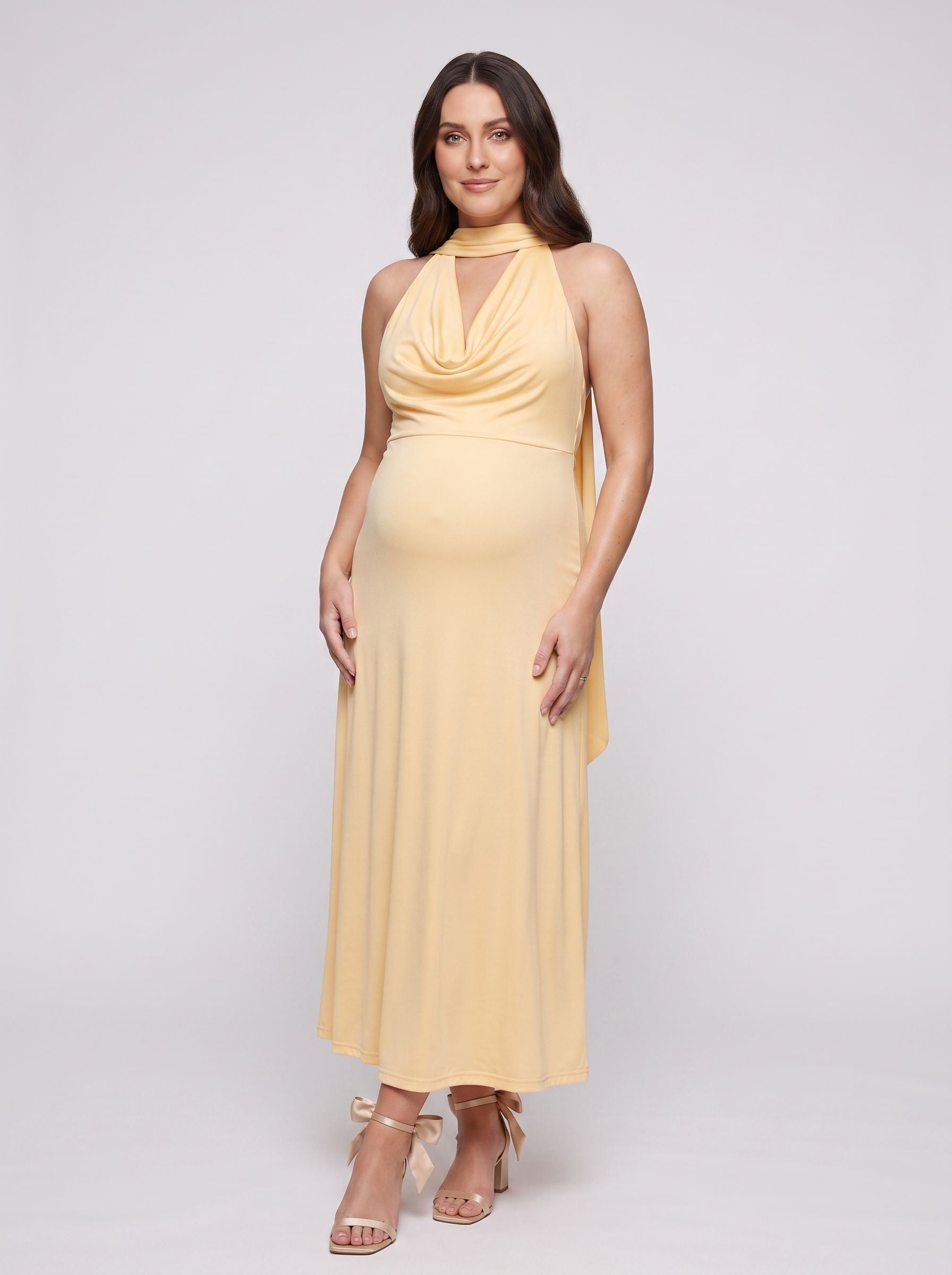 Butter Stretch Knit Empire V-Neck Backless Floor-Length Dress with Pleating