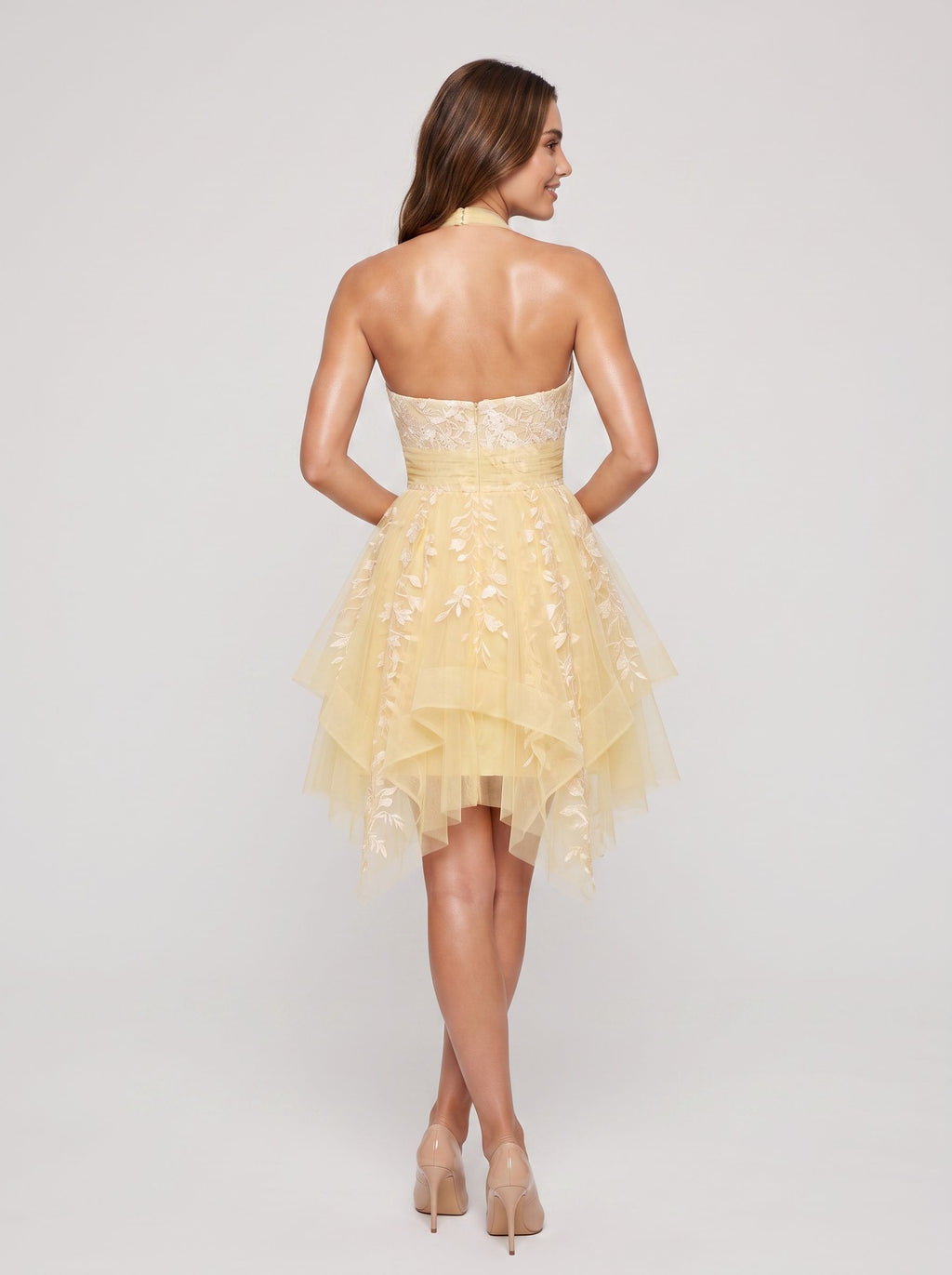 Butter Tulle A-Line Halter neckline Back Zip Asymmetrical Dress with Applique
