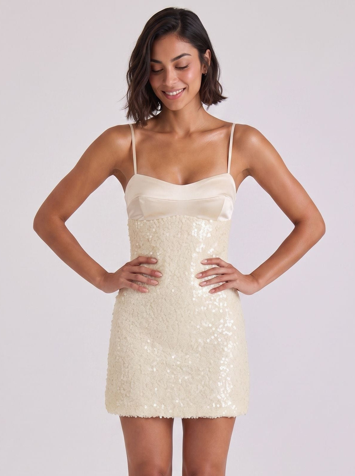 Butter Satin Sheath/column Scoop Neck Side Zip Short Dress with Sequins