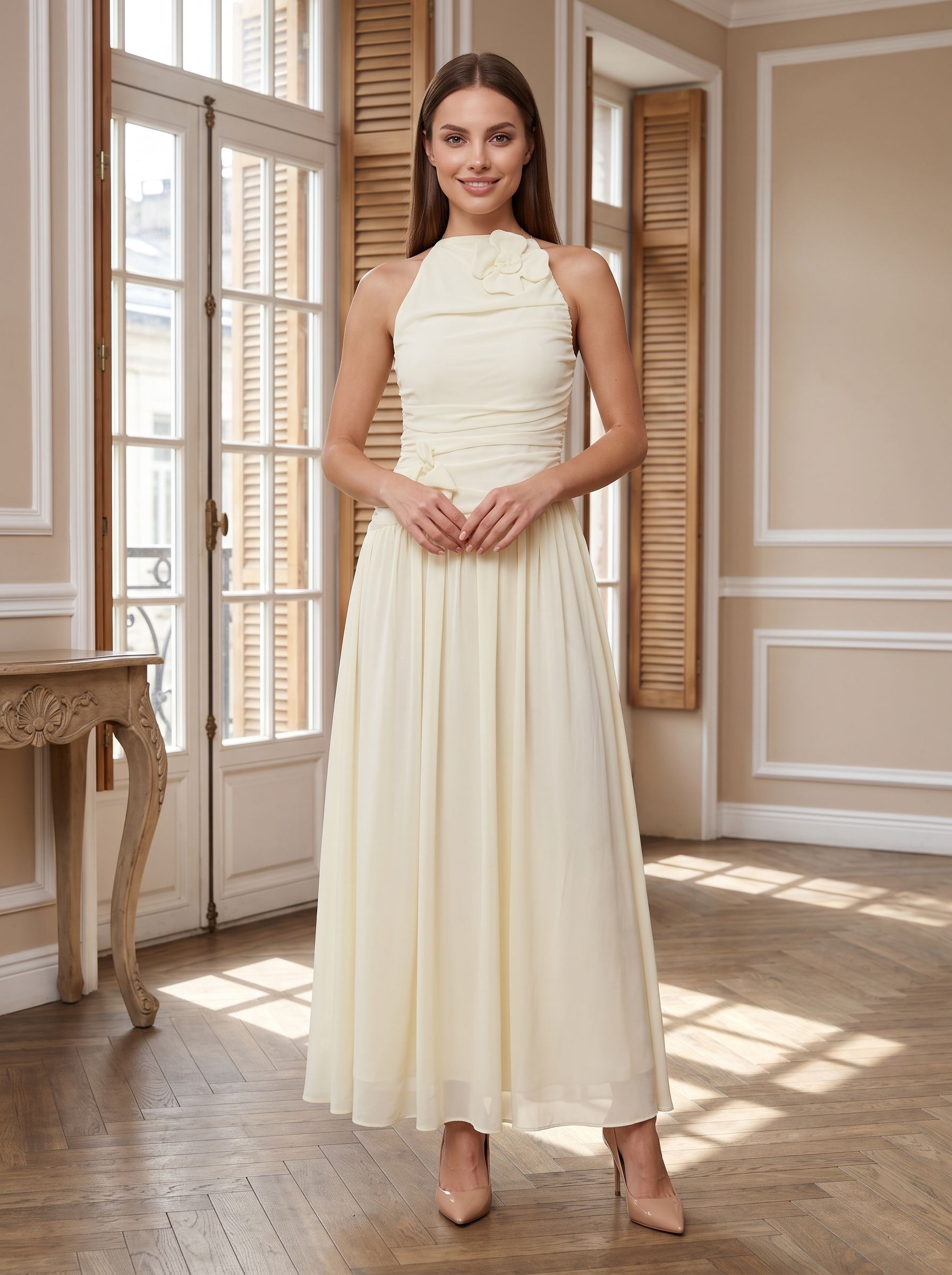 Butter Chiffon A-Line Halter neckline Backless Floor-Length Dress with Ruched Bodice