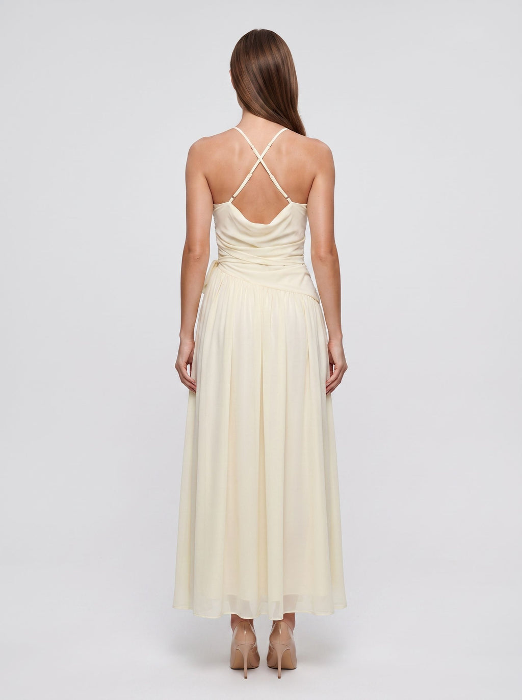Butter Chiffon A-Line Halter neckline Backless Floor-Length Dress with Ruched Bodice