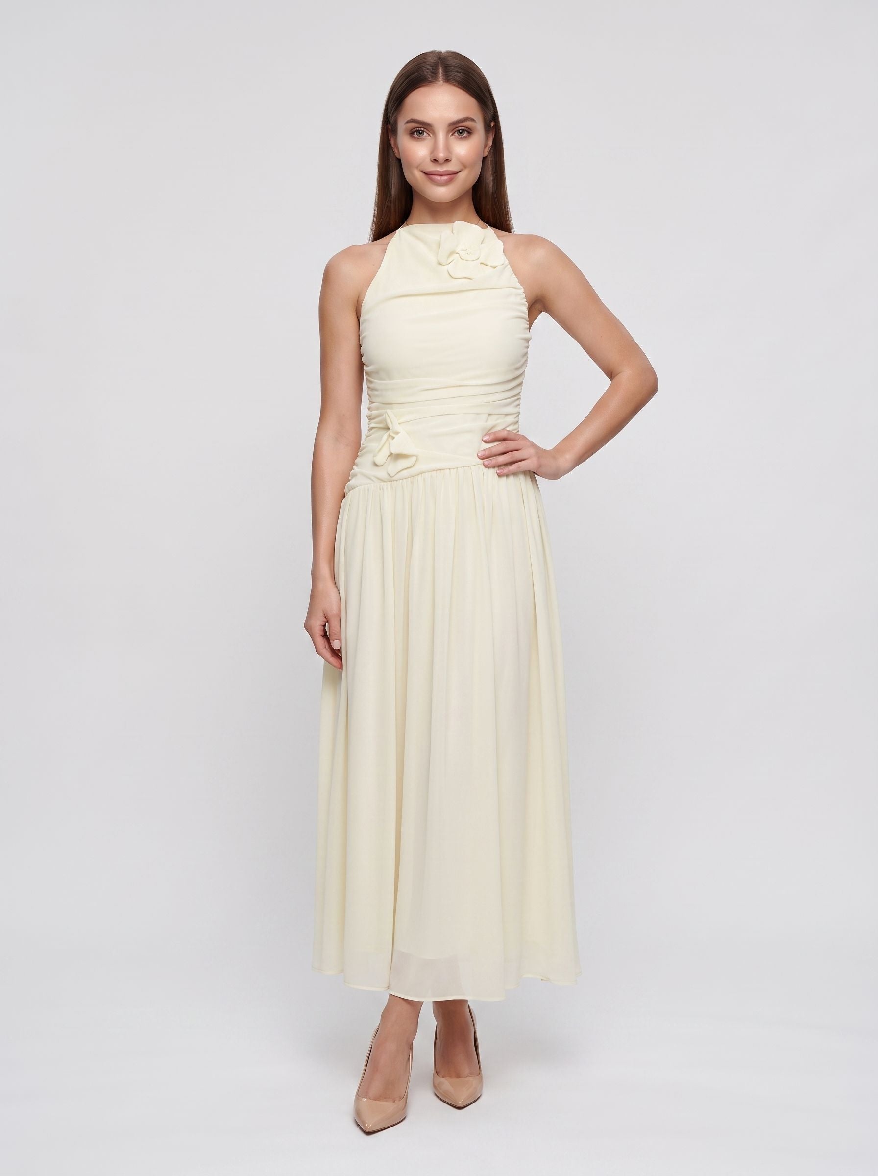 Butter Chiffon A-Line Halter neckline Backless Floor-Length Dress with Ruched Bodice