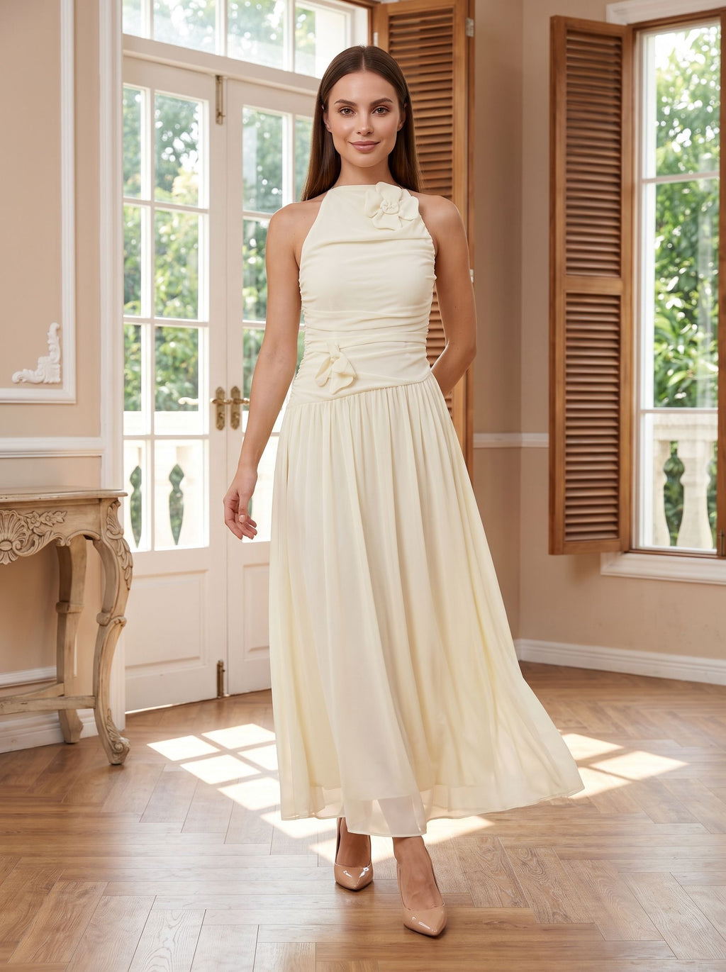 Butter Chiffon A-Line Halter neckline Backless Floor-Length Dress with Ruched Bodice