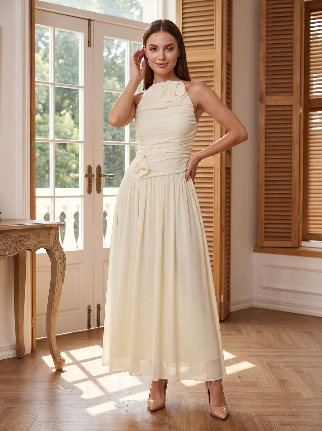 Butter Chiffon A-Line Halter neckline Backless Floor-Length Dress with Ruched Bodice
