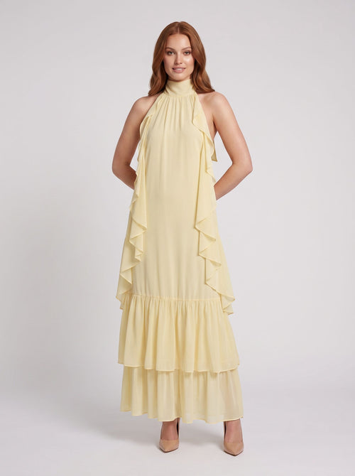 Butter Chiffon A-Line Halter neckline Back Zip Floor-Length Dress with Layered ruffle hem
