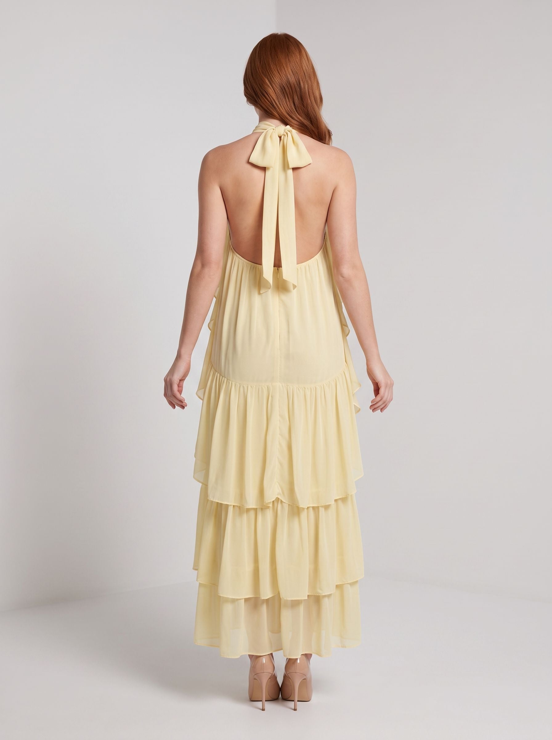 Butter Chiffon A-Line Halter neckline Back Zip Floor-Length Dress with Layered ruffle hem