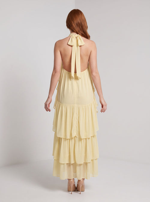 Butter Chiffon A-Line Halter neckline Back Zip Floor-Length Dress with Layered ruffle hem