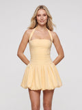 Butter Yellow Satin A-Line Halter neckline Lace-up Short Dress with Bubble Hem