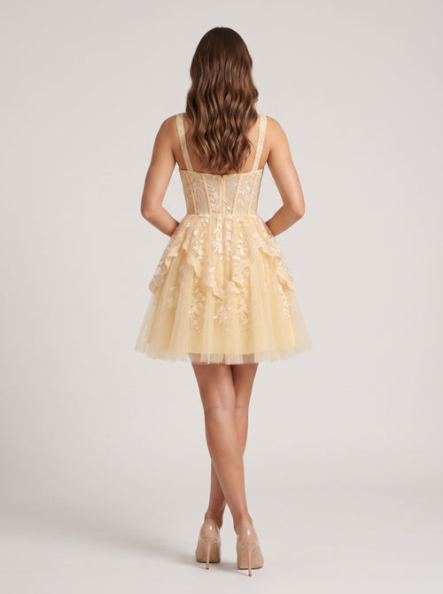 Butter Lace A-Line V-Neck Back Zip Short Dress with Appliques