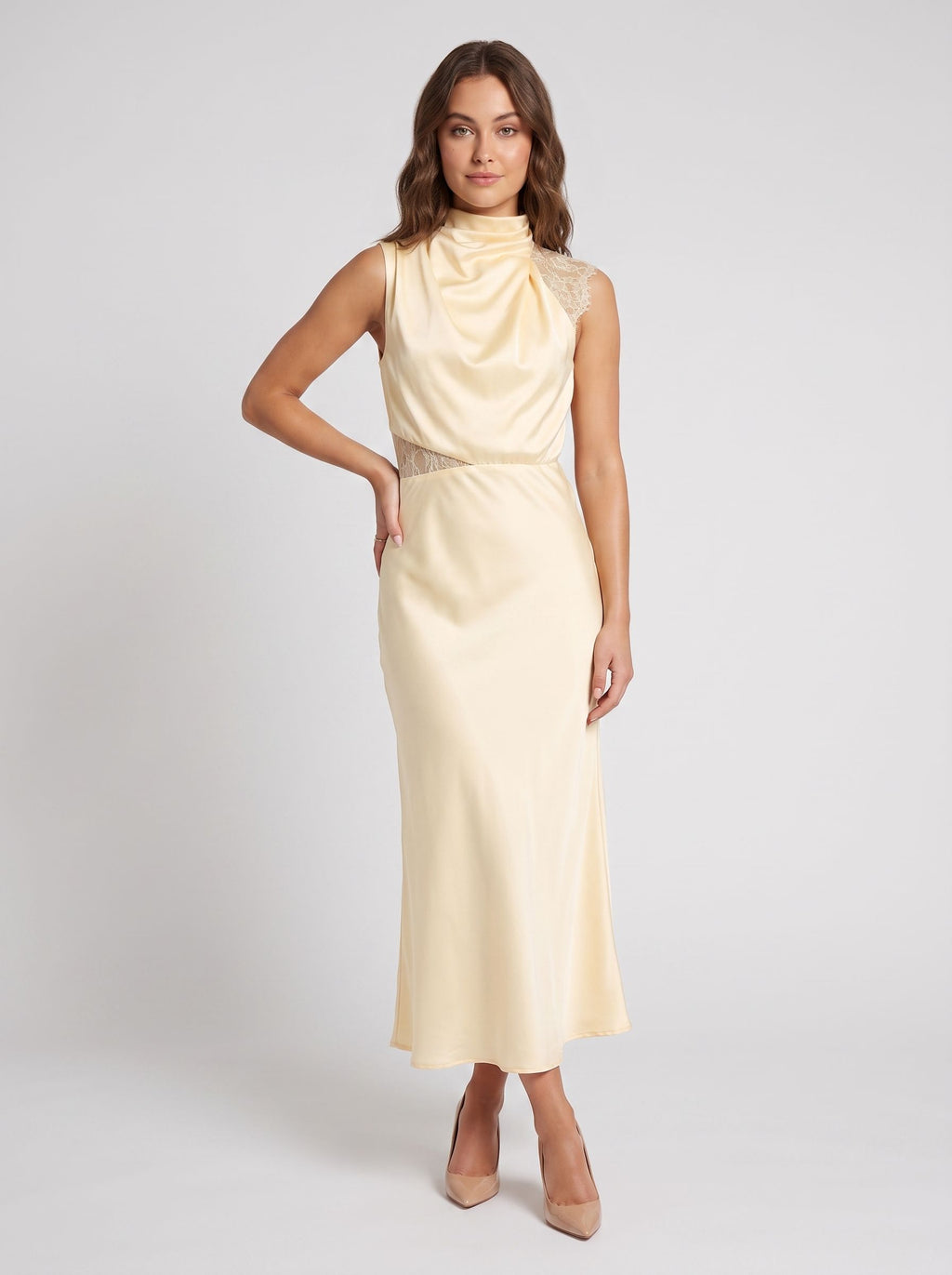 Butter Satin Column Scoop Neckline Keyhole Back Ankle-Length Dress