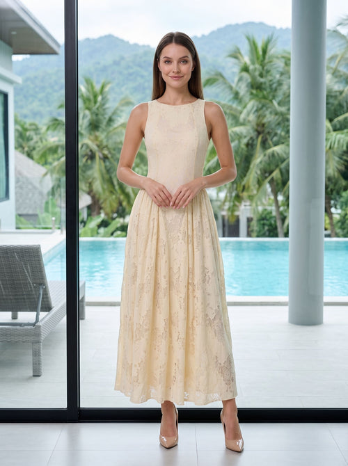 Butter Lace A-Line Scoop Neck Back Zip Ankle-Length Dress with Basque Waist