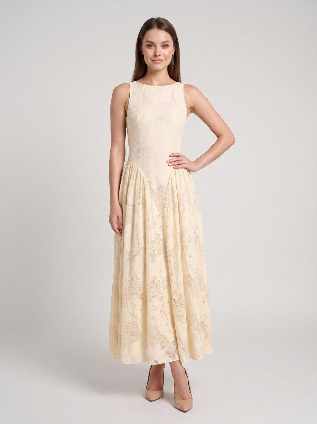 Butter Lace A-Line Scoop Neck Back Zip Ankle-Length Dress with Basque Waist