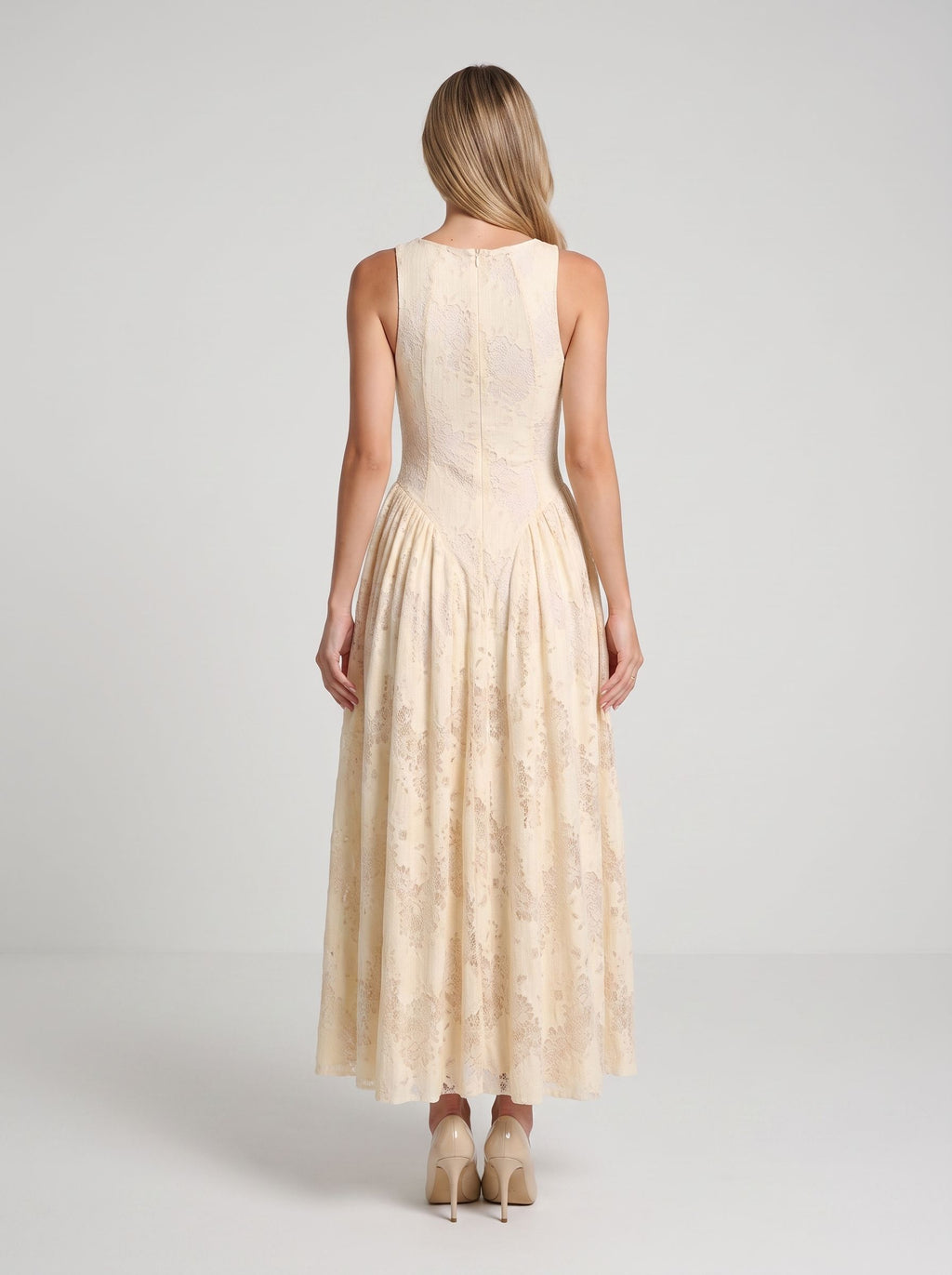 Butter Lace A-Line Scoop Neck Back Zip Ankle-Length Dress with Basque Waist