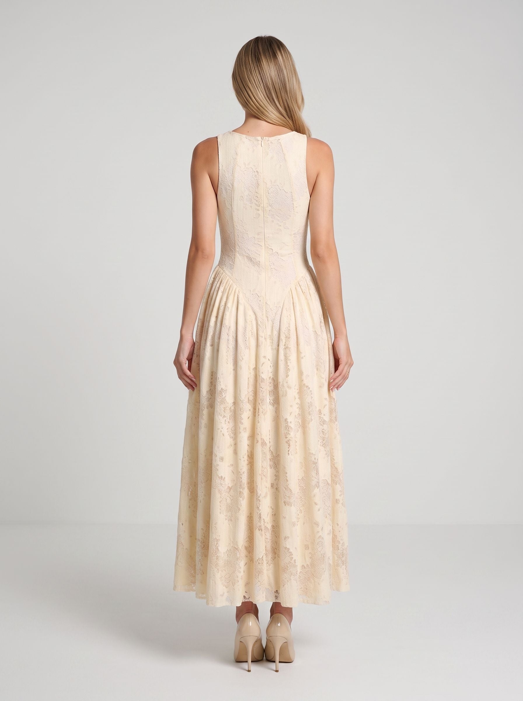 Butter Lace A-Line Scoop Neck Back Zip Ankle-Length Dress with Basque Waist