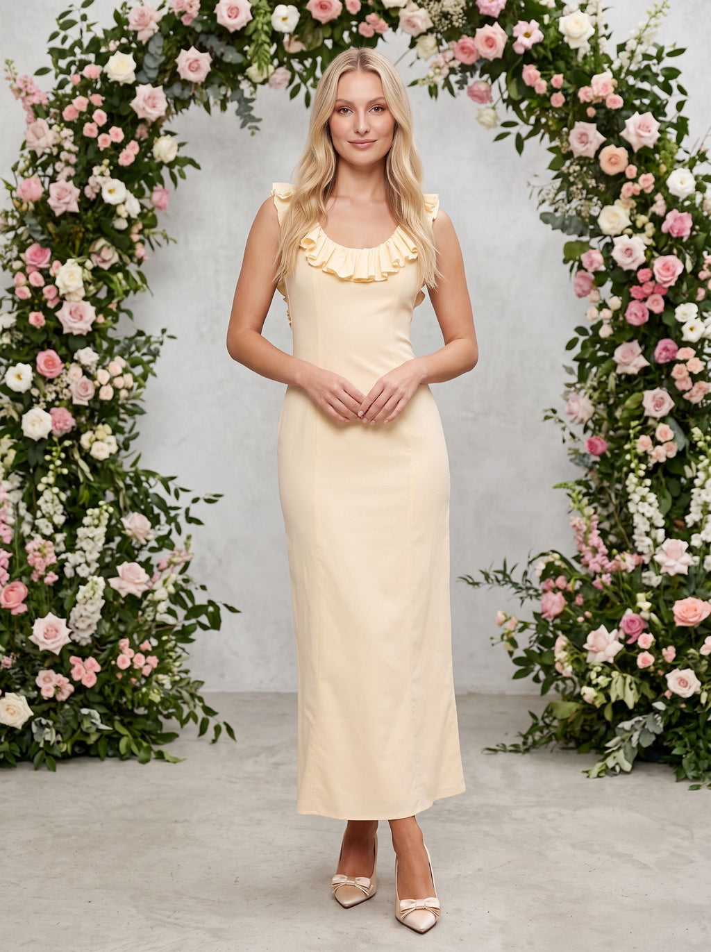 Butter Matte Satin Column Scoop Neck Backless Ankle-Length Dress with Ruffle Frill Accents