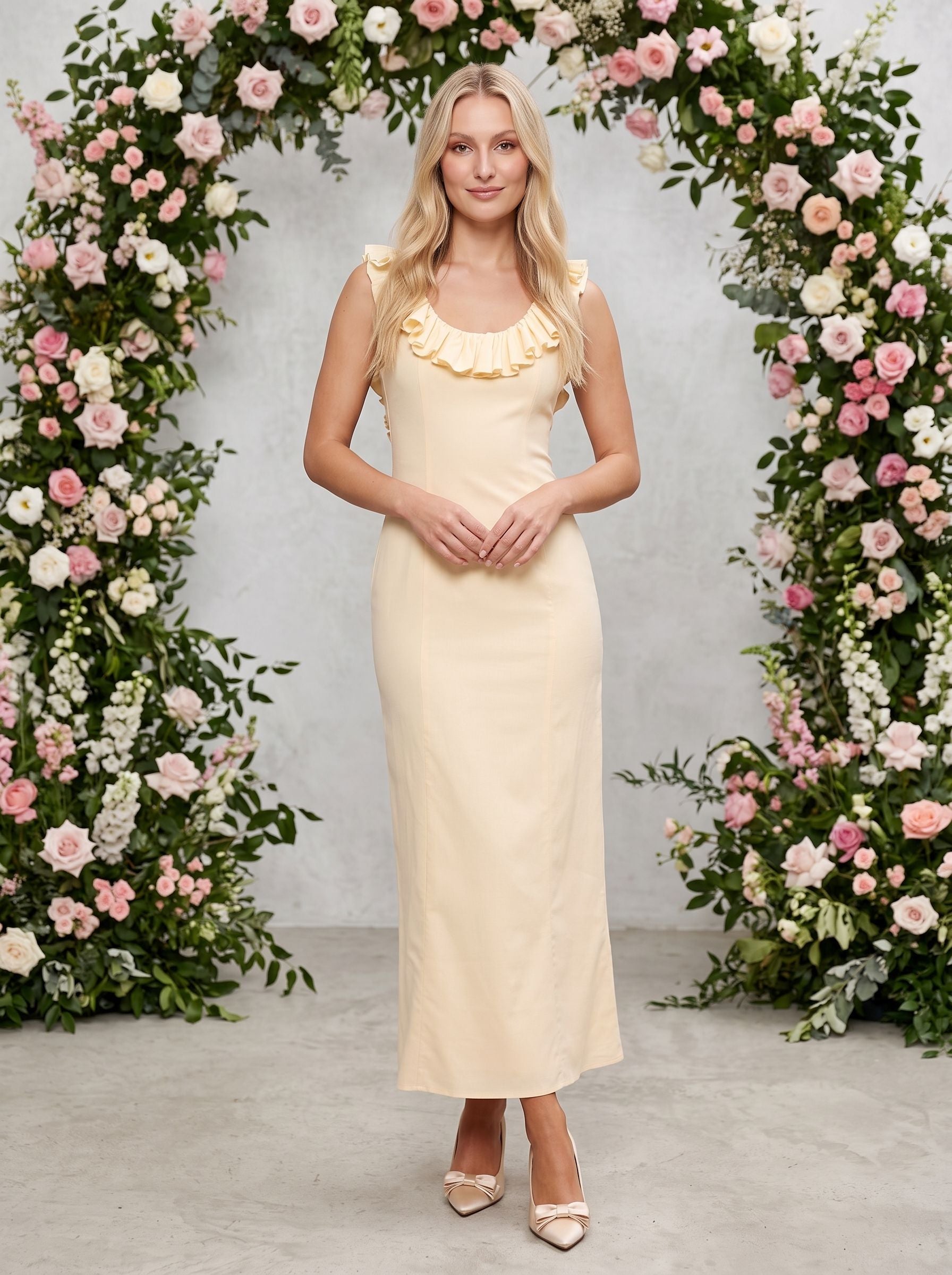 Butter Matte Satin Column Scoop Neck Backless Ankle-Length Dress with Ruffle Frill Accents