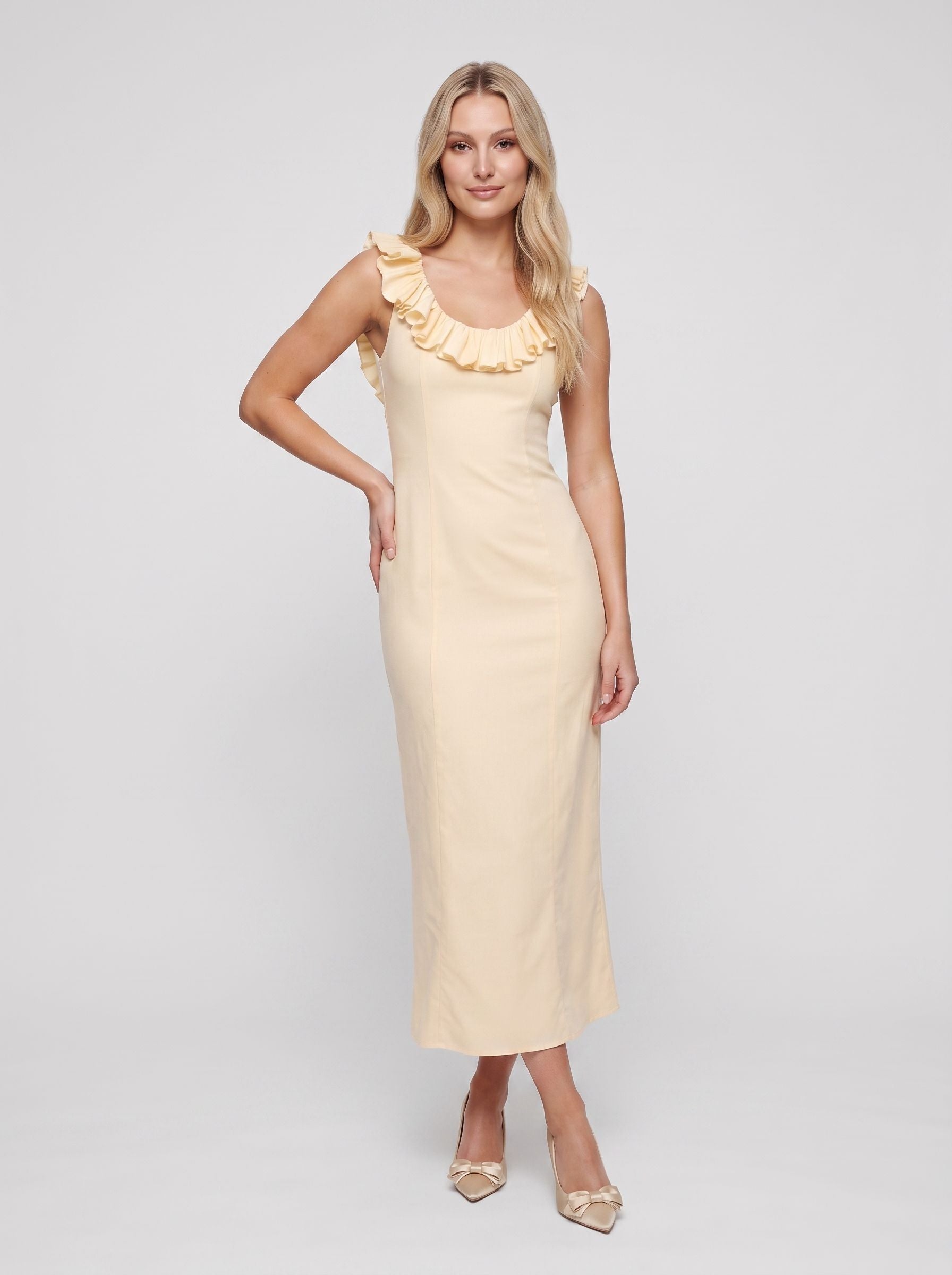 Butter Matte Satin Column Scoop Neck Backless Ankle-Length Dress with Ruffle Frill Accents