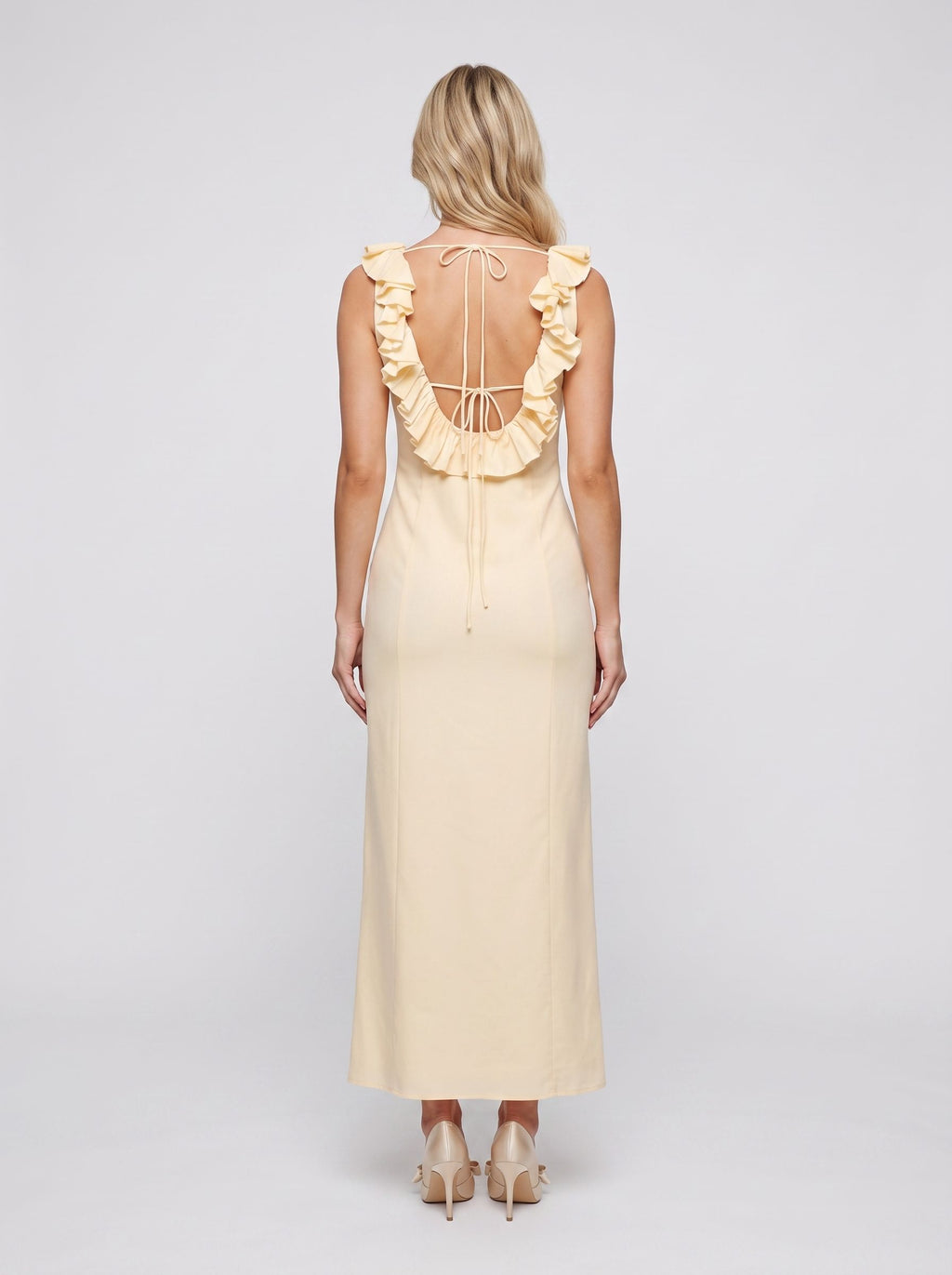 Butter Matte Satin Column Scoop Neck Backless Ankle-Length Dress with Ruffle Frill Accents