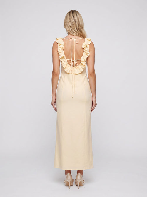 Butter Matte Satin Column Scoop Neck Backless Ankle-Length Dress with Ruffle Frill Accents