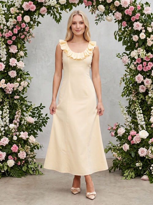 Butter Matte Satin Column Scoop Neck Backless Ankle-Length Dress with Ruffle Frill Accents