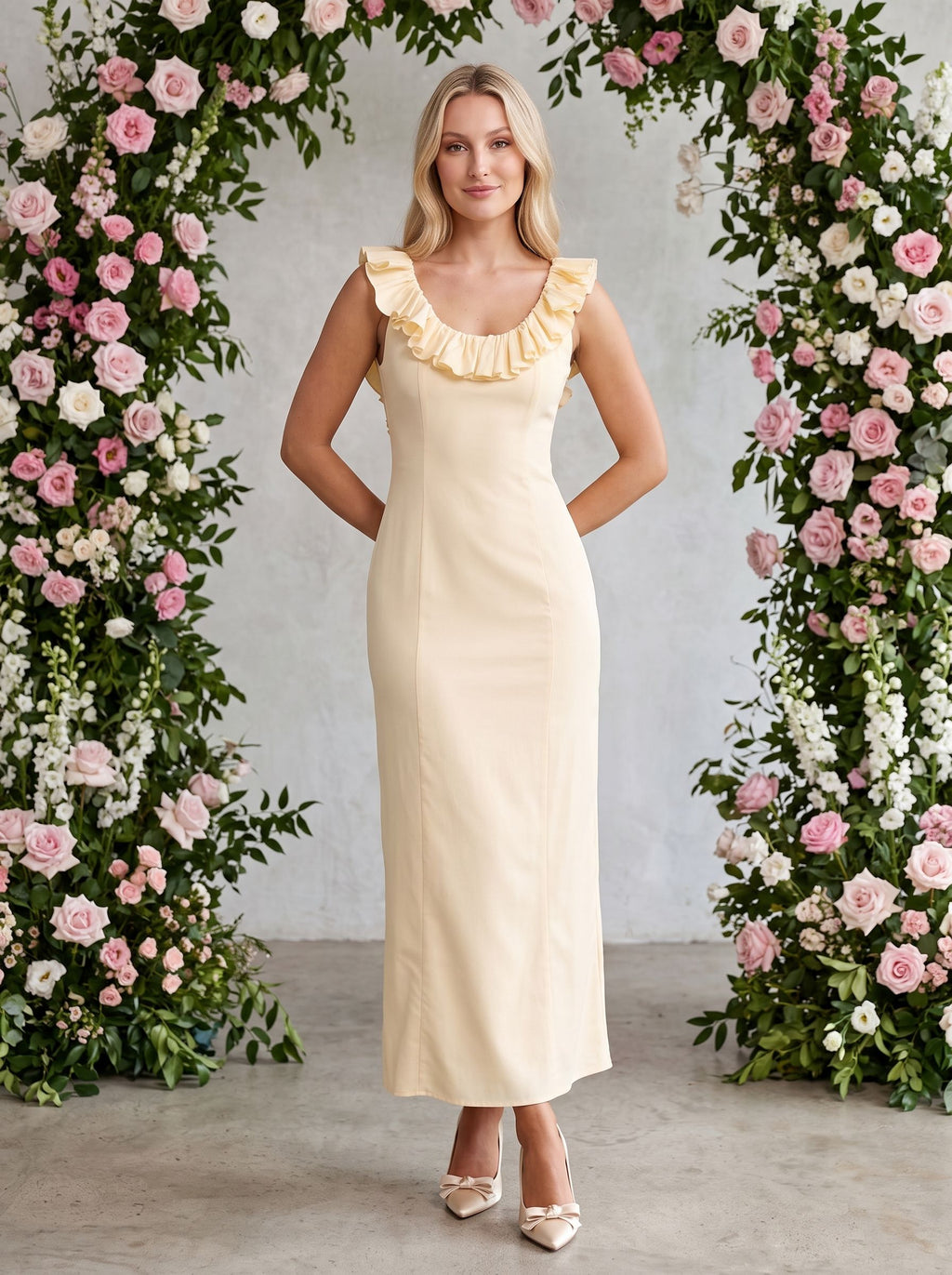 Butter Matte Satin Column Scoop Neck Backless Ankle-Length Dress with Ruffle Frill Accents
