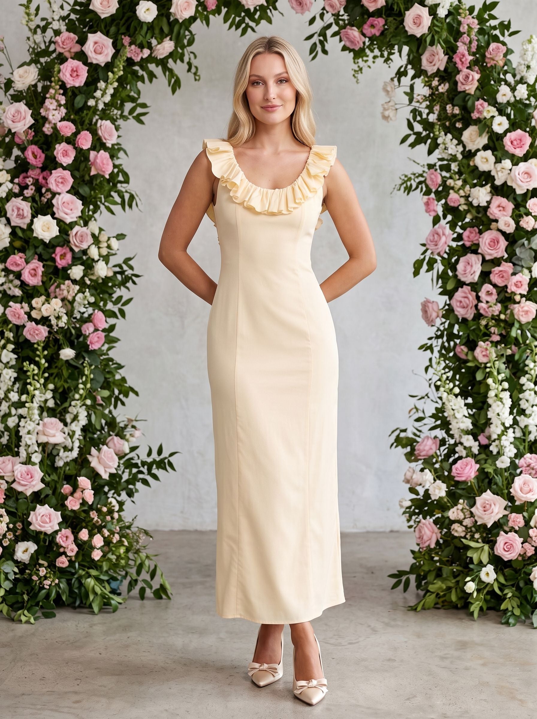 Butter Matte Satin Column Scoop Neck Backless Ankle-Length Dress with Ruffle Frill Accents