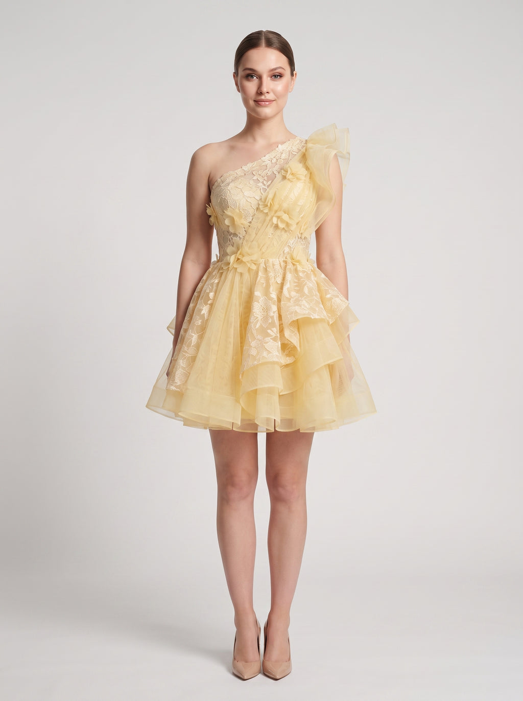 Butter Satin A-Line One Shoulder Back Zip Short Dress with Ruffled Appliques