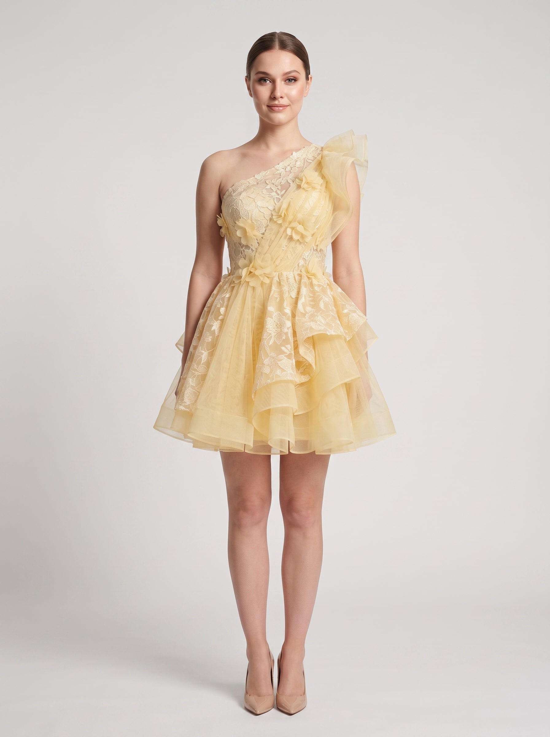 Butter Satin A-Line One Shoulder Back Zip Short Dress with Ruffled Appliques