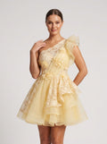 Butter Satin A-Line One Shoulder Back Zip Short Dress with Ruffled Appliques
