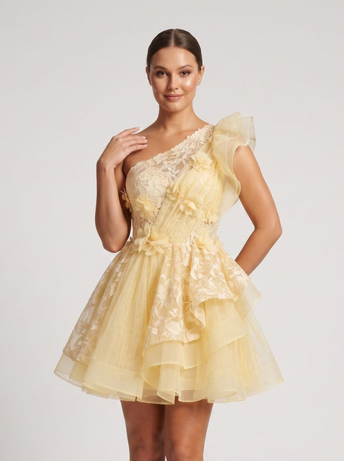 Butter Satin A-Line One Shoulder Back Zip Short Dress with Ruffled Appliques