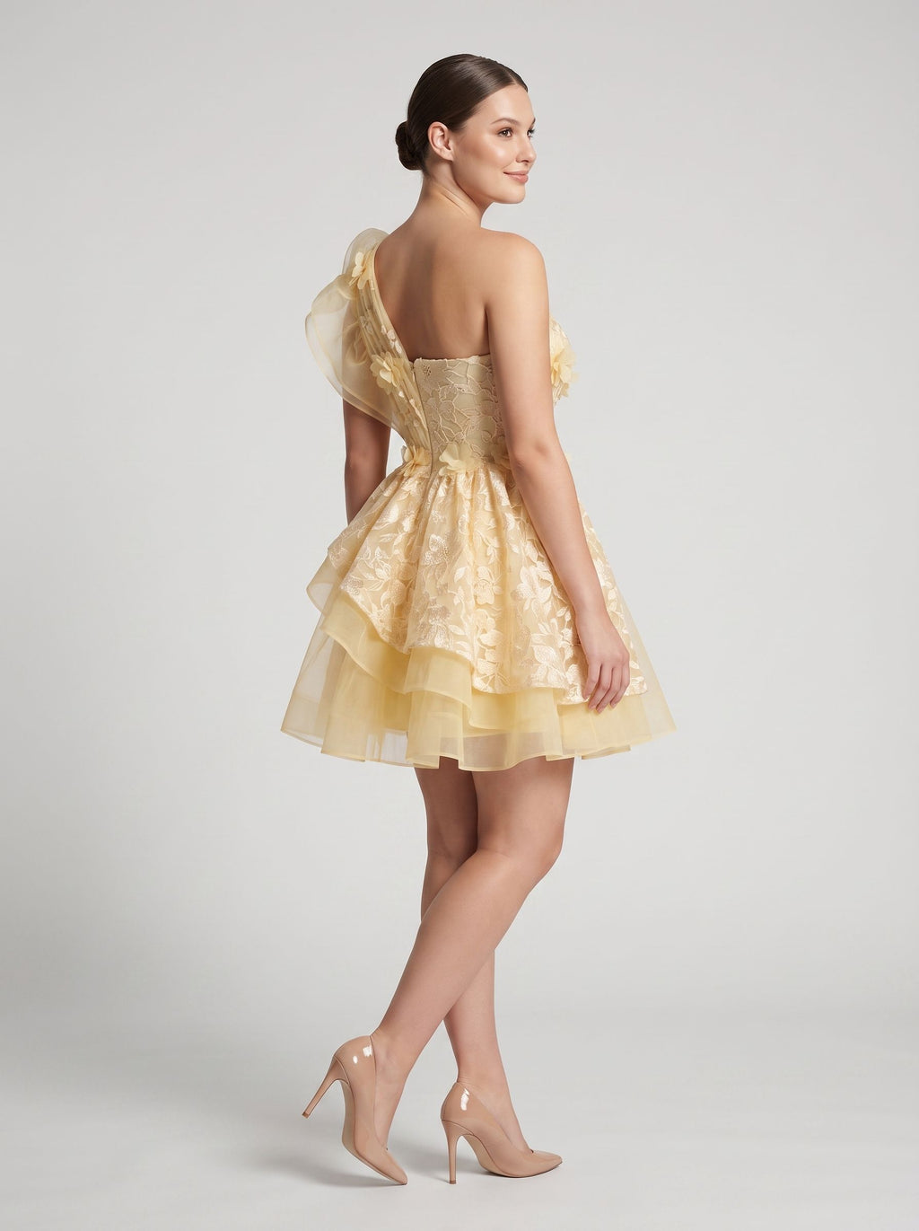 Butter Satin A-Line One Shoulder Back Zip Short Dress with Ruffled Appliques