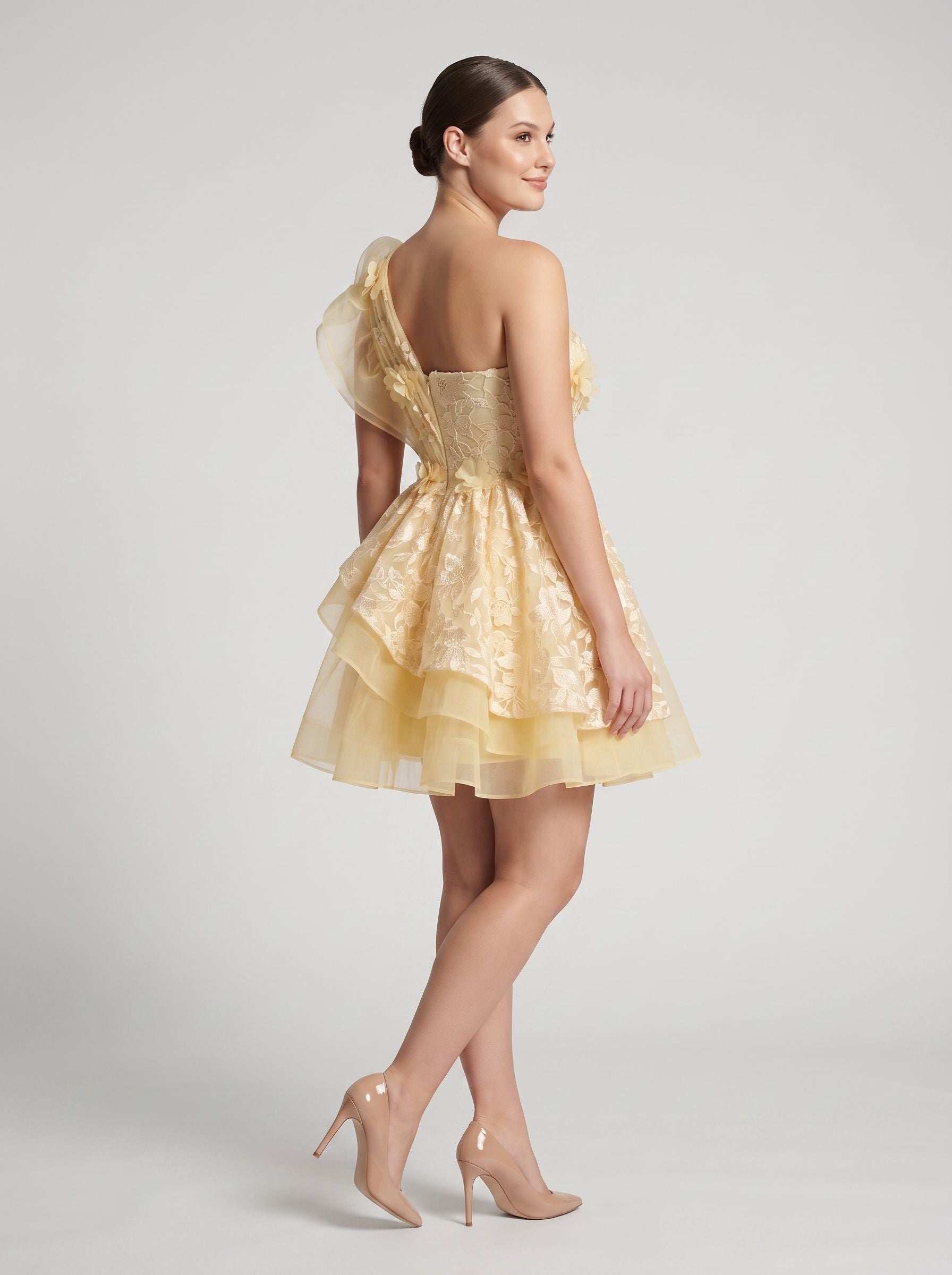 Butter Satin A-Line One Shoulder Back Zip Short Dress with Ruffled Appliques